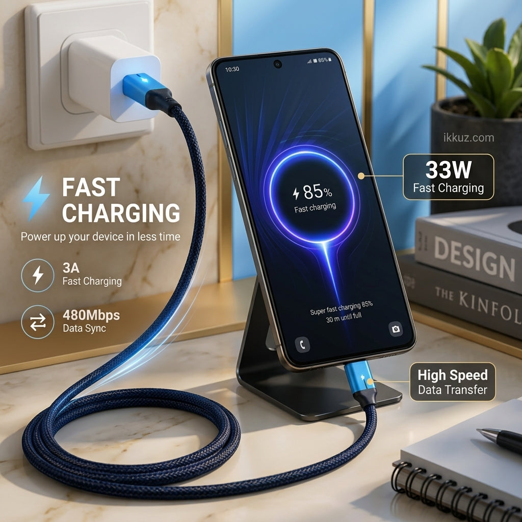 Fast Charging Type-C Cable with LED Indicator, 3A Support & Nylon Braided Design – 1 Meter