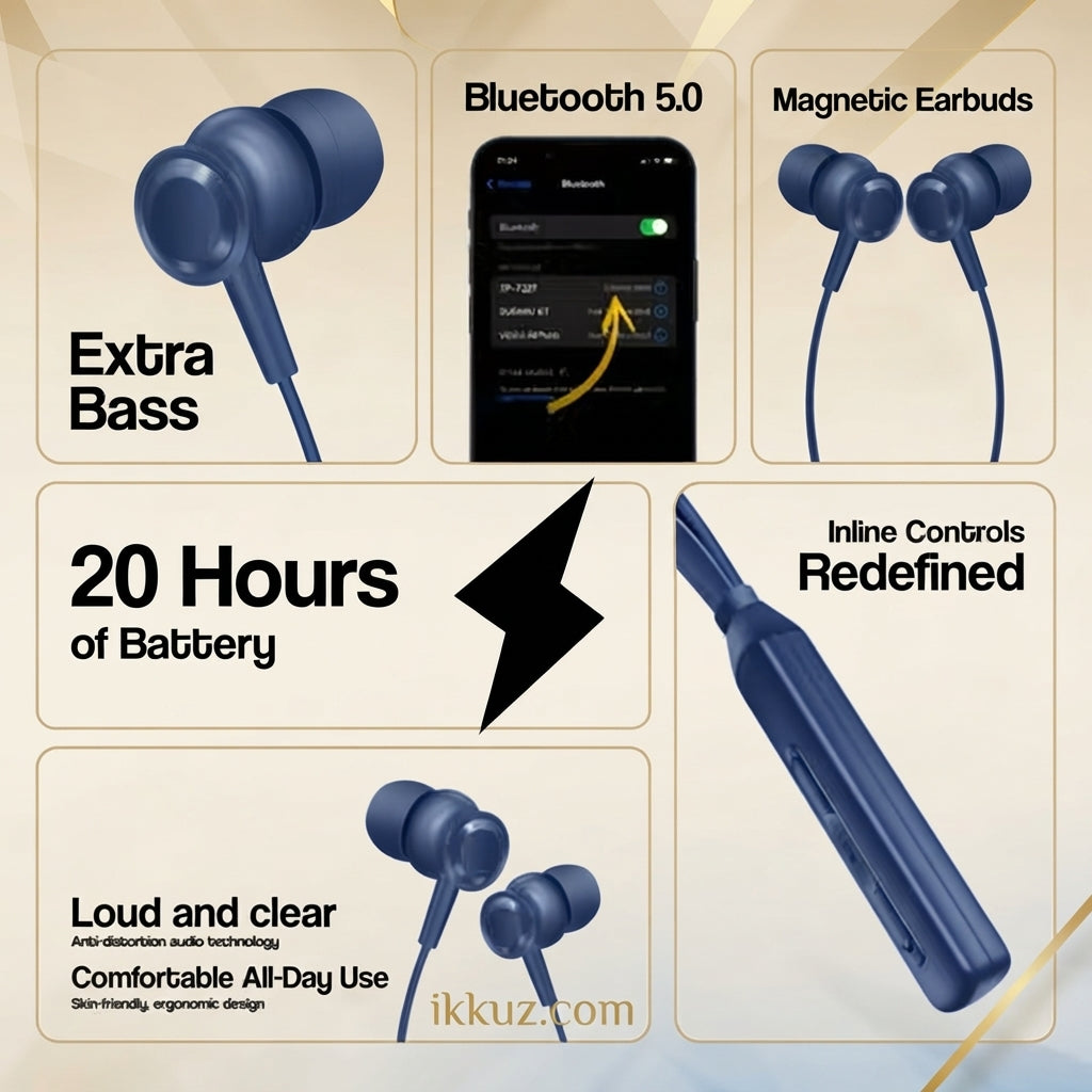 TP TROOPS Wireless In-Ear Neckband Earphones with 10mm Drivers, 20+ Hours Playtime, Type-C Fast Charging, Built-in Mic &amp; Voice Assistant – Blue