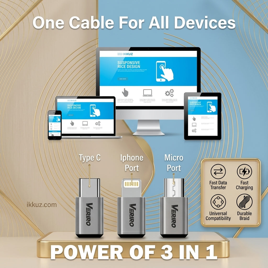 Veriro 1.2M 3-in-1 Nylon Braided Fast Charging Cable | Type-C, Micro USB &amp; Lightning | USB Data &amp; Charging Cable | Compatible with Android &amp; iOS Devices