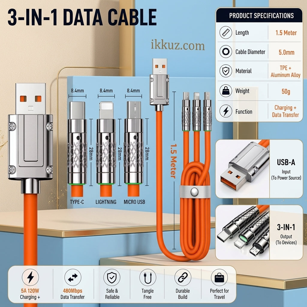 3 IN 1 Fast Charging &amp; Data Sync Cable | Type-C, Micro USB &amp; Lightning | Durable Nylon Braided Universal Charging Cable | Orange