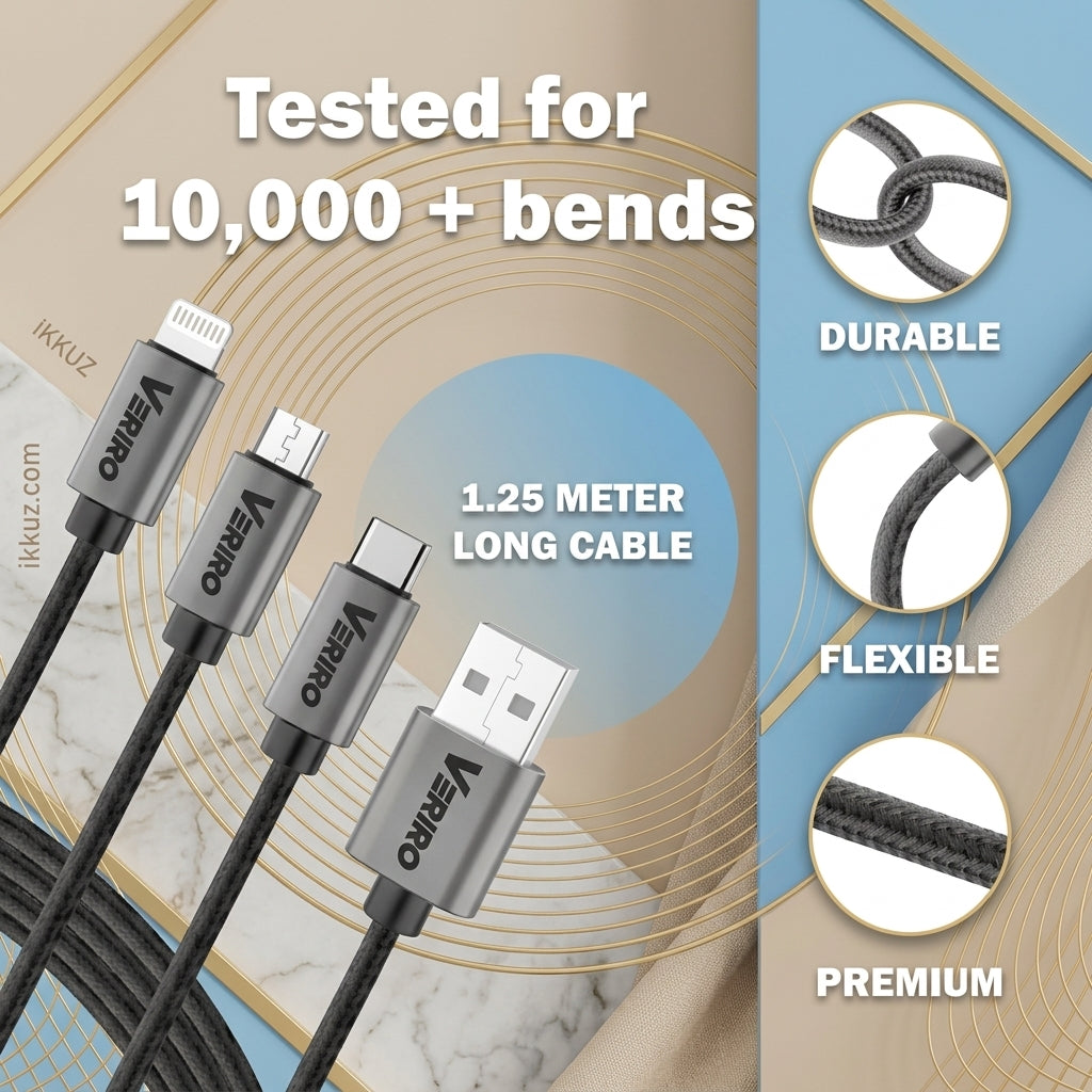 Veriro 1.2M 3-in-1 Nylon Braided Fast Charging Cable | Type-C, Micro USB &amp; Lightning | USB Data &amp; Charging Cable | Compatible with Android &amp; iOS Devices