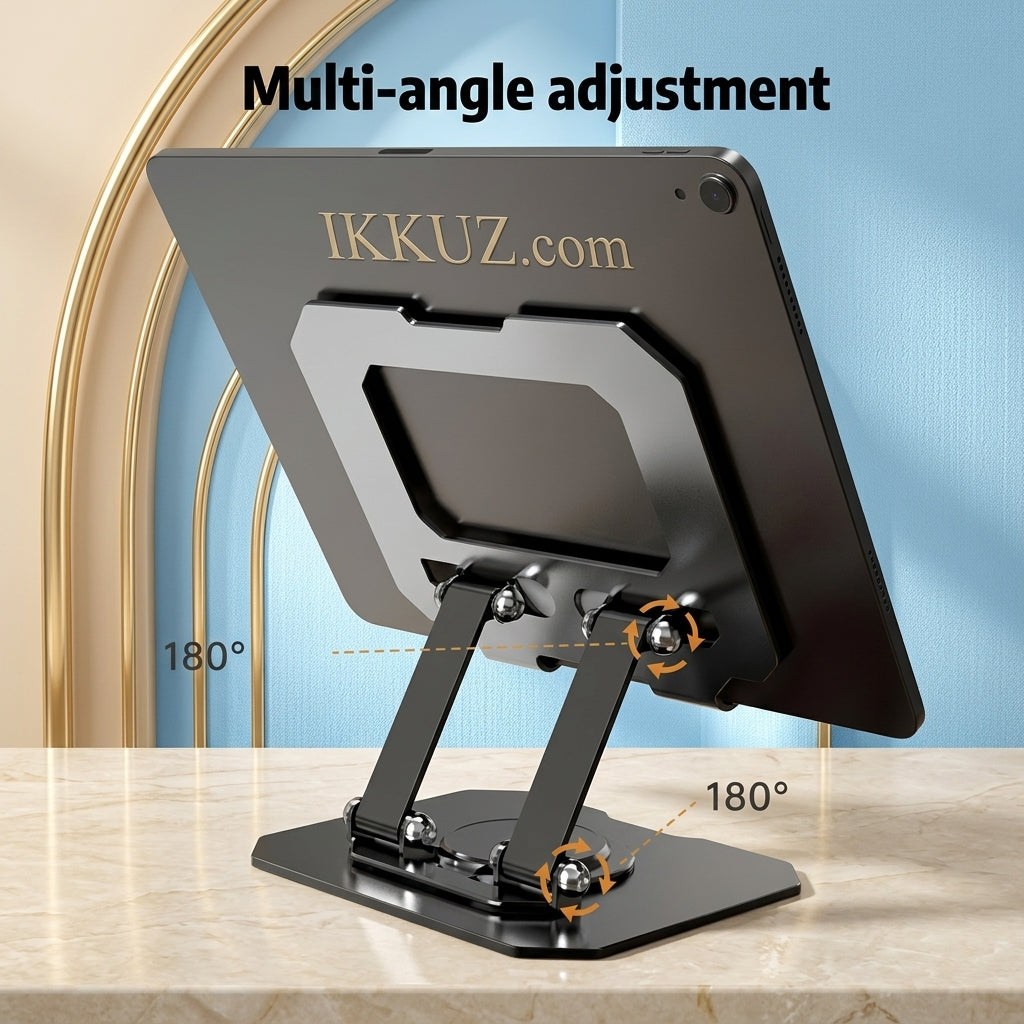 Aluminum 360° Rotating Adjustable Tablet Stand Holder – Foldable Multi-Angle Desk Stand for iPad, Samsung Galaxy Tab &amp; All Tablets – Black