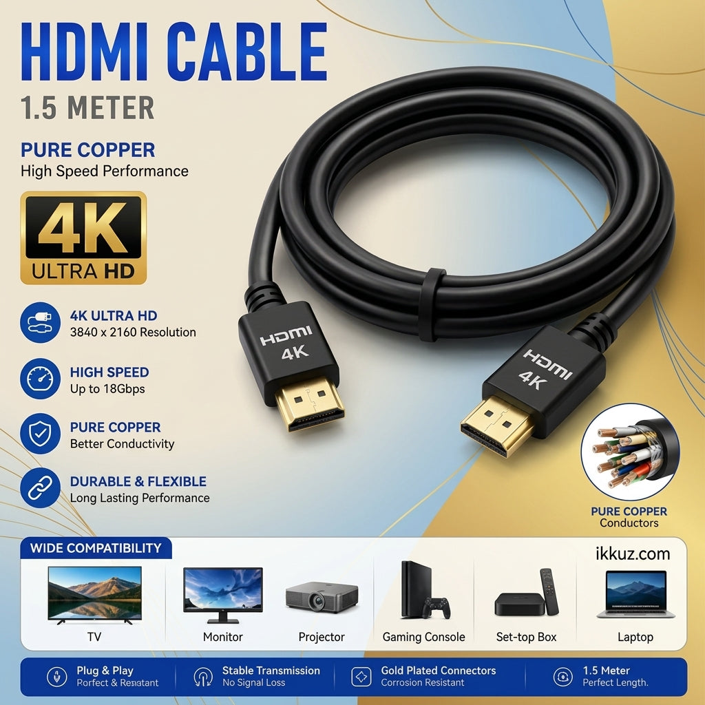 KNP 1.5 Meter High Speed 4K Ultra HD HDMI Cable – Pure Copper, 18Gbps, Gold Plated Connectors