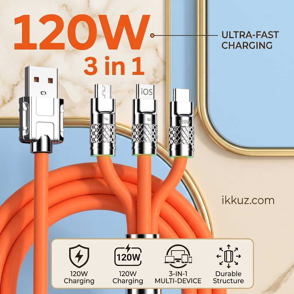 3 IN 1 Fast Charging &amp; Data Sync Cable | Type-C, Micro USB &amp; Lightning | Durable Nylon Braided Universal Charging Cable | Orange