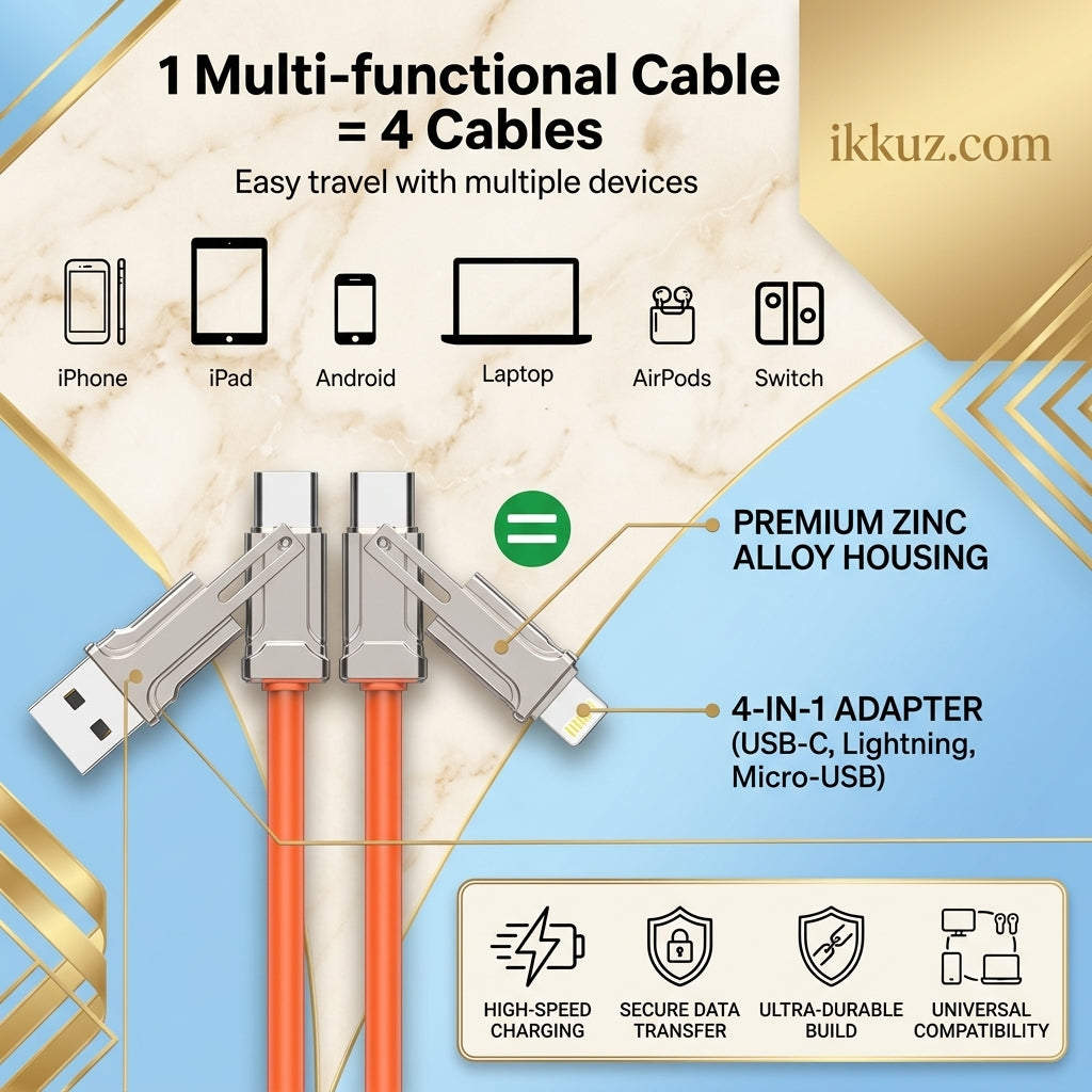 INOTREZ 4 in 1 Retractable Fast Charging & Data Cable | USB-A to Type-C, Lightning & USB-C to C/Lightning | 1 Meter | 4A | Multi-Color
