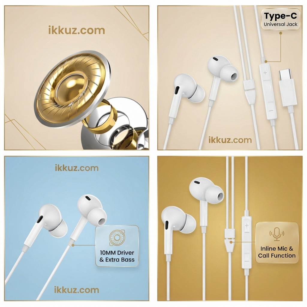 Type-C Stereo Wired Earphones with HD Sound, Mic &amp; Volume Control