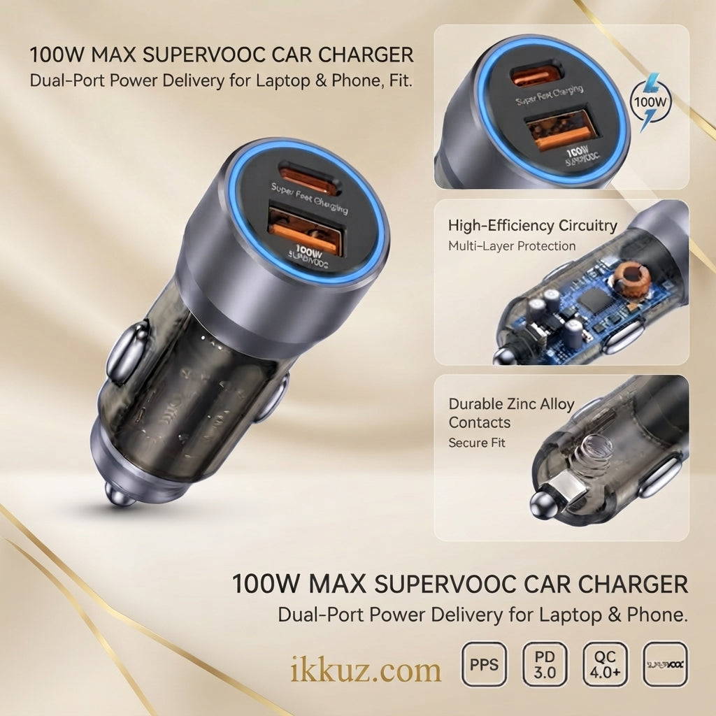 PACK OF 1 PD 100W Mini Car Charger – USB + Type-C Dual Port Fast Charger