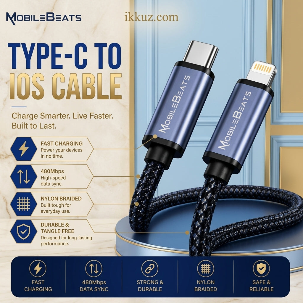 Mobilebeats C Type to iOS Data Cable – Fast Charging with Copper Wire, 1 Meter, Black