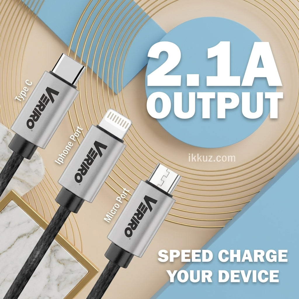Veriro 1.2M 3-in-1 Nylon Braided Fast Charging Cable | Type-C, Micro USB &amp; Lightning | USB Data &amp; Charging Cable | Compatible with Android &amp; iOS Devices