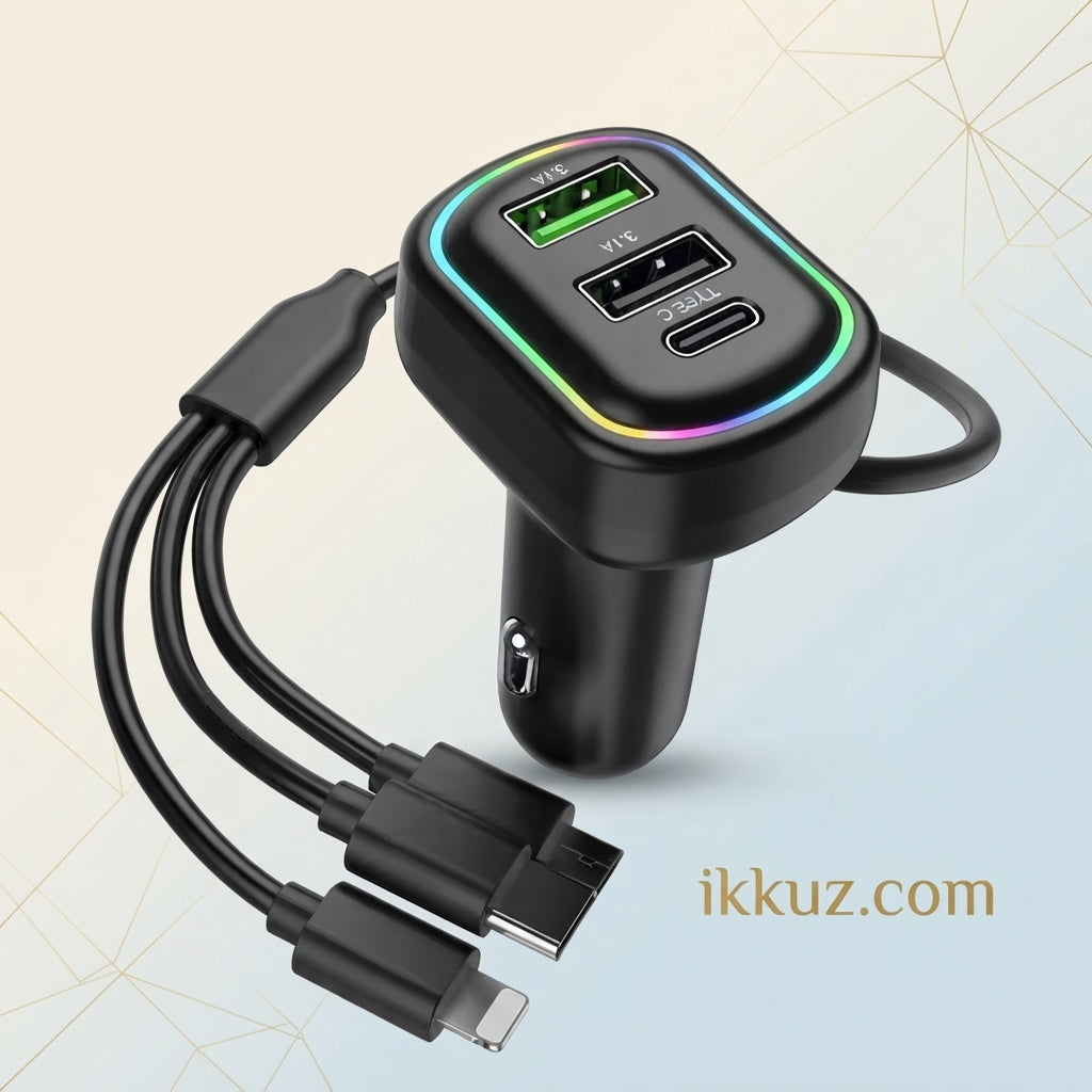 48W Car Charger 3-Port Fast Charging Adapter with 3-in-1 Charging Cable