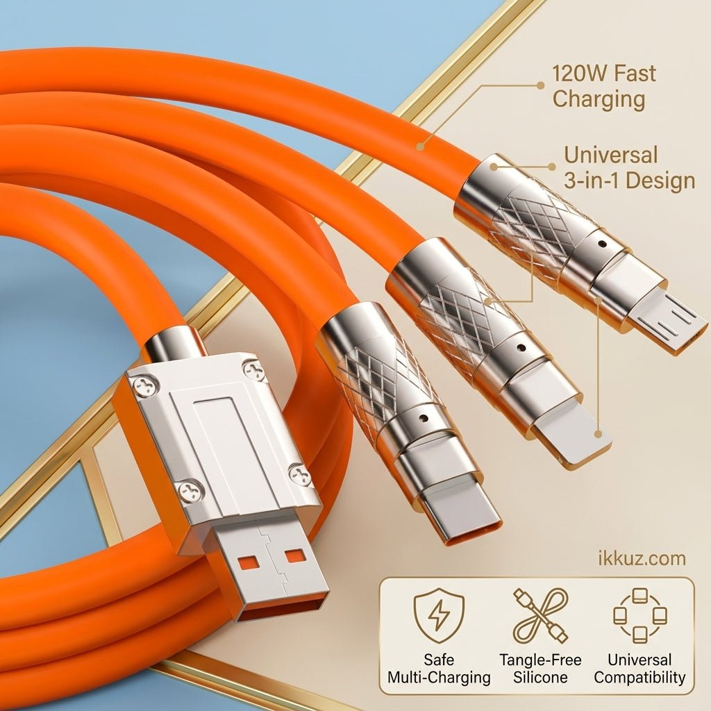 3 IN 1 Fast Charging &amp; Data Sync Cable | Type-C, Micro USB &amp; Lightning | Durable Nylon Braided Universal Charging Cable | Orange