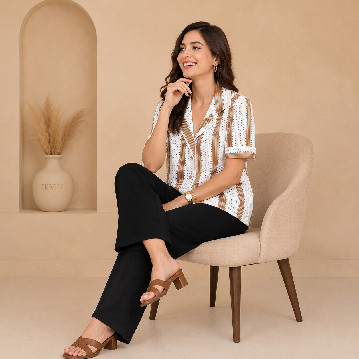 LuxeFit Women's Coffee Stripe Cotton Shirt Top