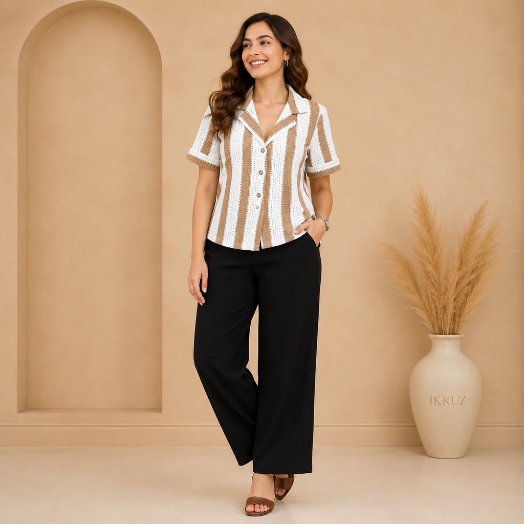 LuxeFit Women's Coffee Stripe Cotton Shirt Top