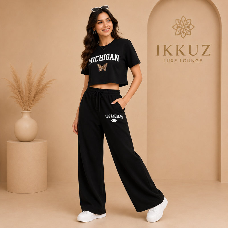 Premium Michigan Printed Crop Top &amp; Wide Leg Pants Co-Ord Set for Women